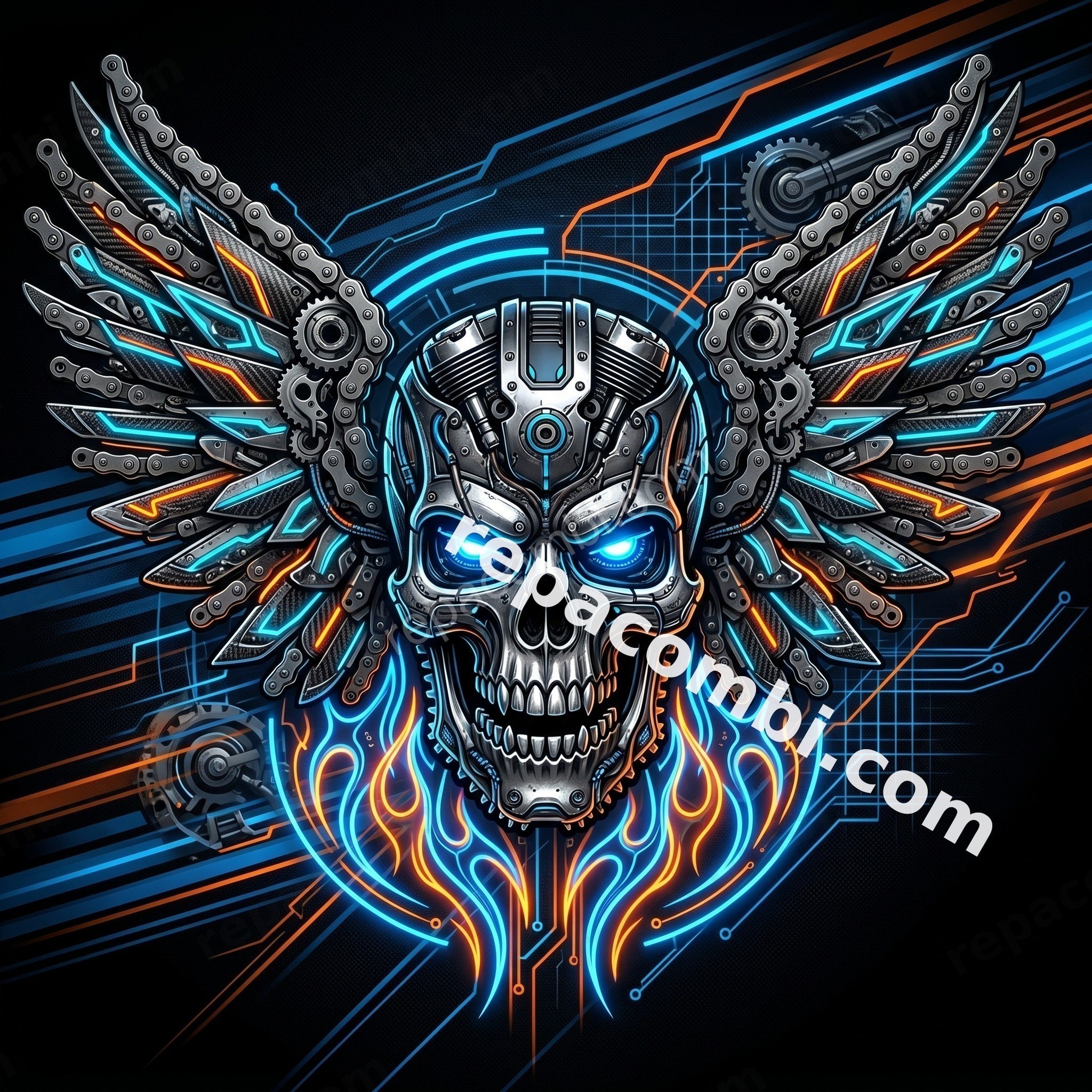 Winged Skull Flames - DTF moto Répa Combi