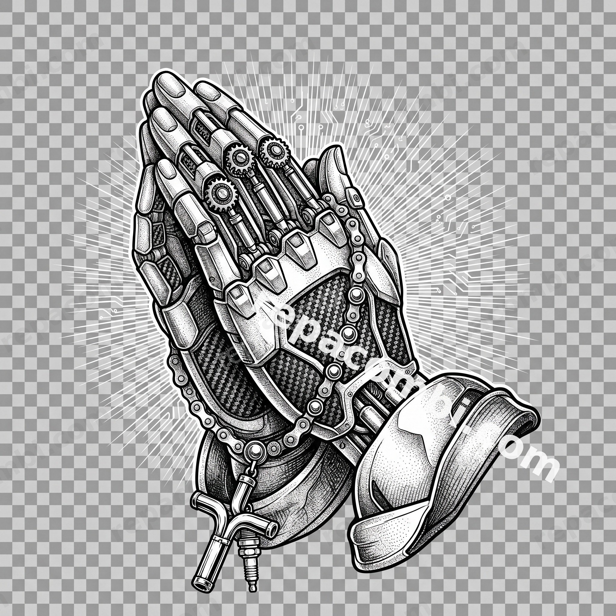 Praying Hands Mechanical - DTF moto Répa Combi