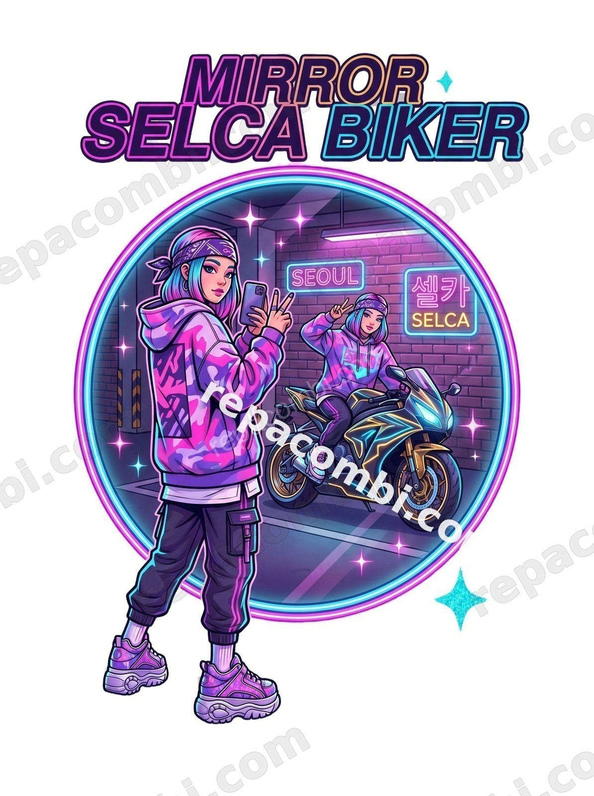 Mirror Selca Biker - DTF K-Pop Racer Répa Combi
