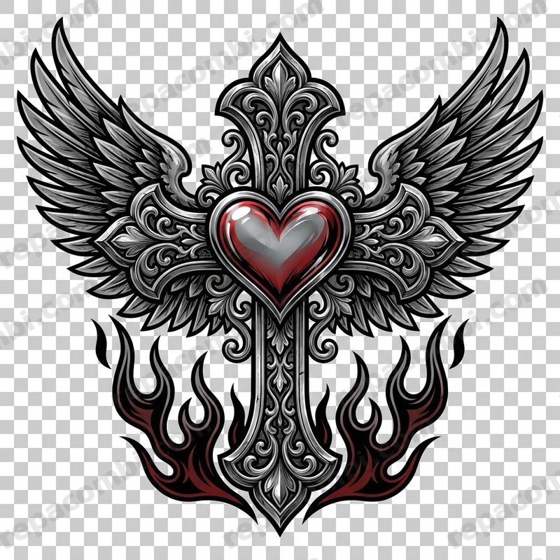 Croix Gothique Ailes Coeur Flammes