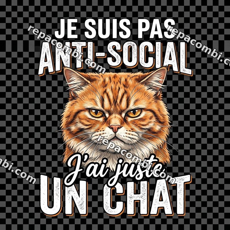 Design textile Chat Anti Social - film thermocollant à coller au fer