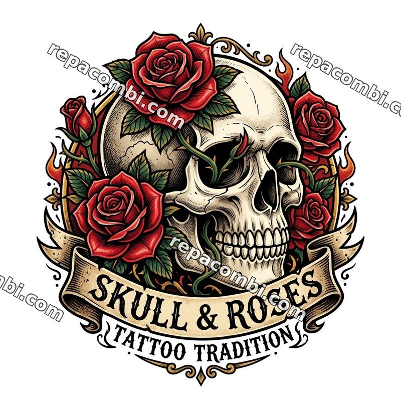 Design textile Skull Roses Tattoo - film thermocollant à coller au fer