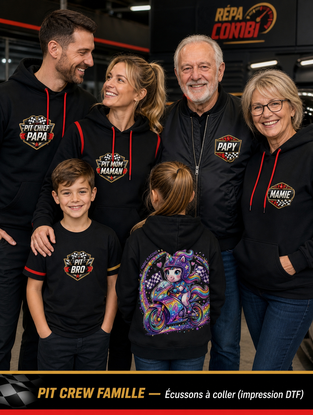 Rendu pack Pit Crew Famille — Papa, Maman, Frère, Sœur, Papy, Mamie avec écussons imprimés à coller et dos Unicorn Rainbow Racer