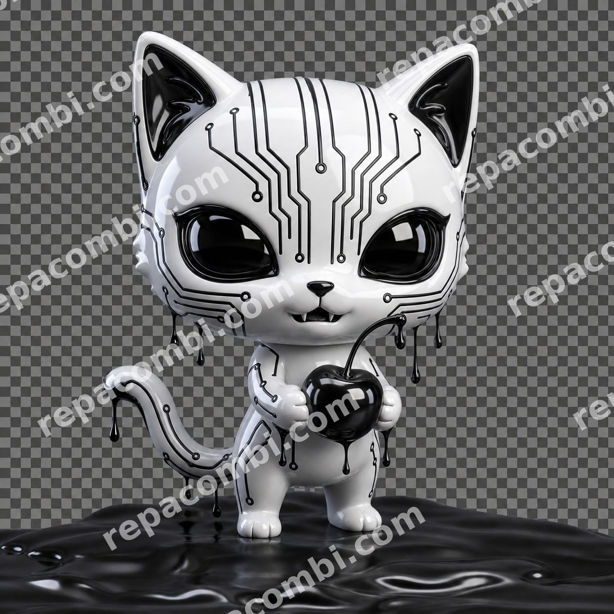 Cyber Cat Drip Cyber Cat Drip — Chat chibi laqué blanc, drip noir et circuits high