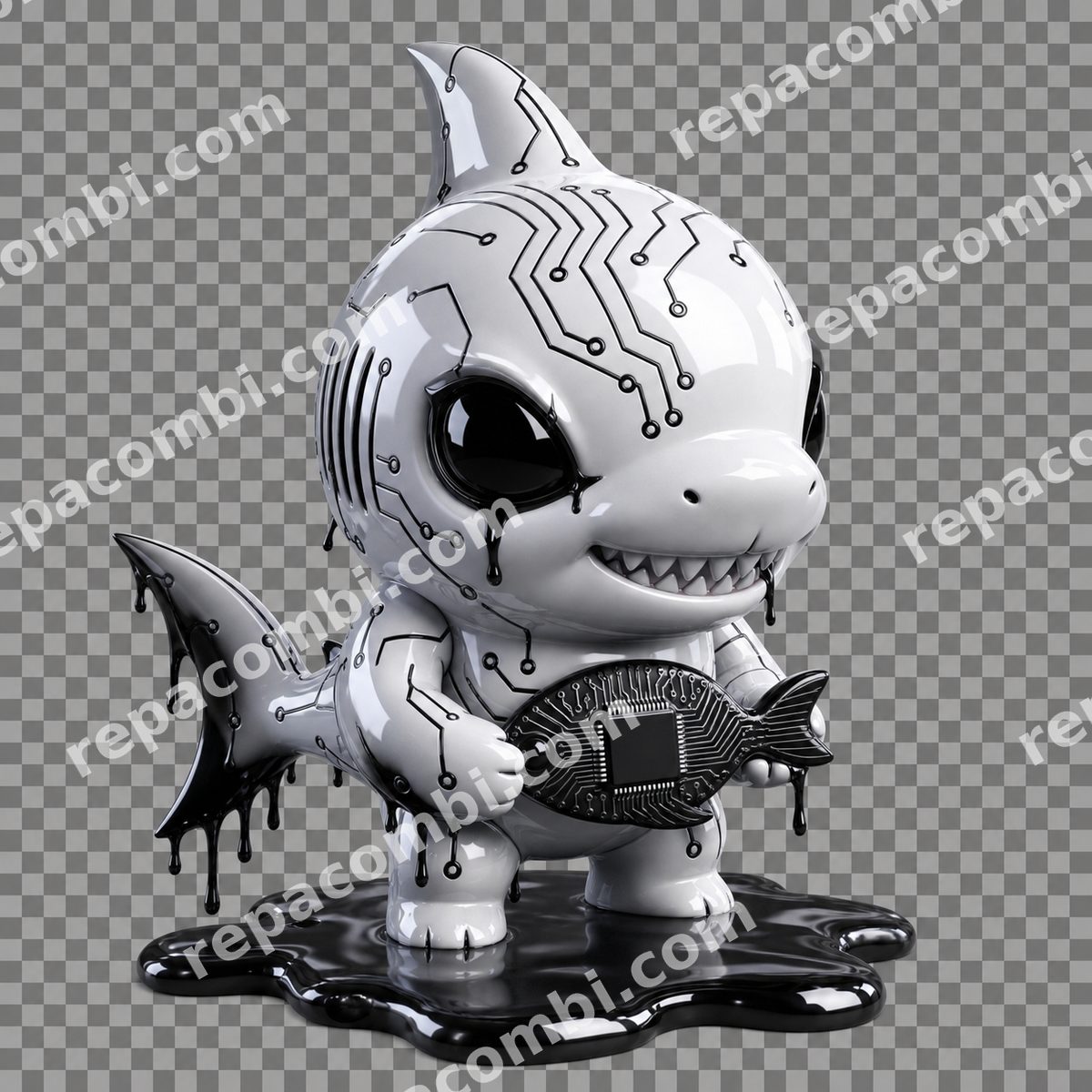 Cyber Shark Drip Cyber Shark Drip — Petit requin chibi blanc laqué, drip noir et circu