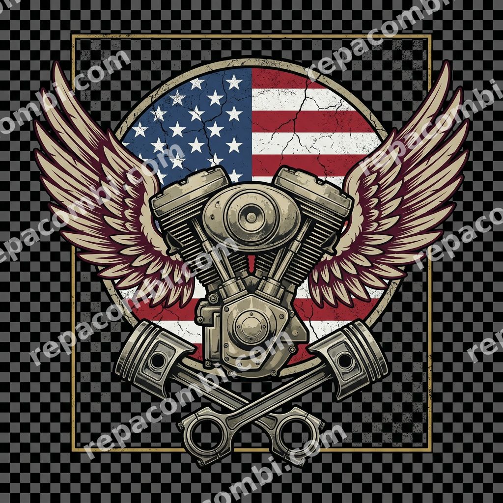 Emblème Moto Biker V-Twin Emblème Moto Biker V-Twin — Emblème biker V-twin ailé, codes club moto US