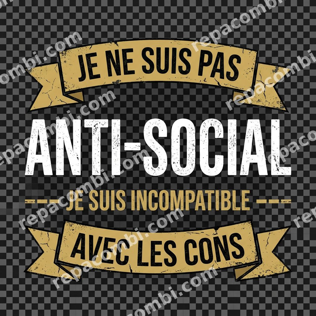 Anti Social Vintage Ribbon Anti Social Vintage Ribbon — Punchline FR 'Anti-social' encadrée de rubans rétr