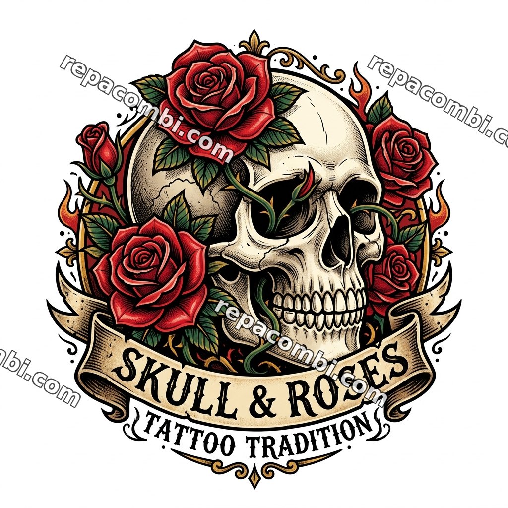 Skull Roses Tattoo Skull Roses Tattoo — Crâne tatouage entouré de roses, style old-school