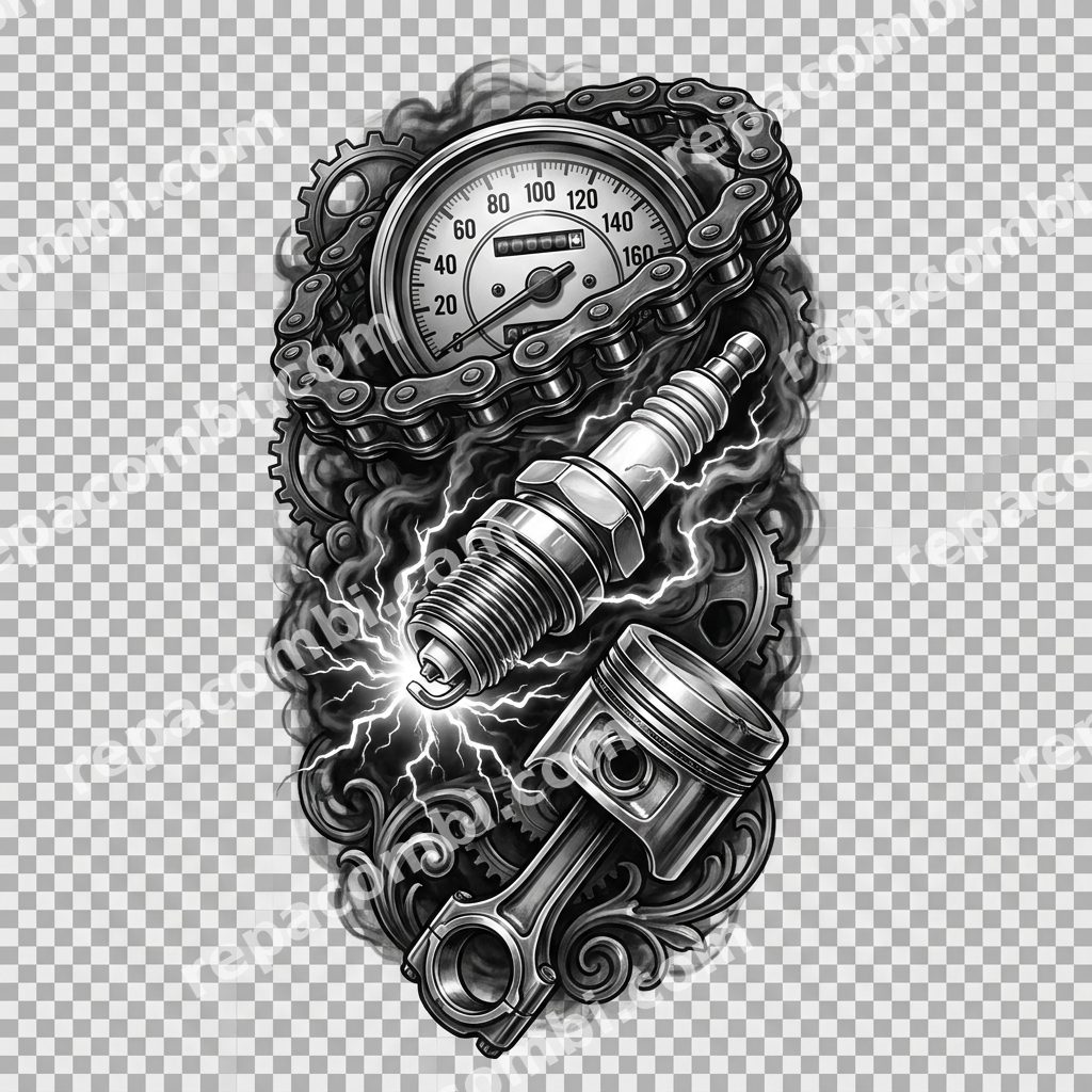 Tattoo Pièces Moteur Tattoo Pièces Moteur — Pièces moteur tatouage hyperréaliste, piston et bo